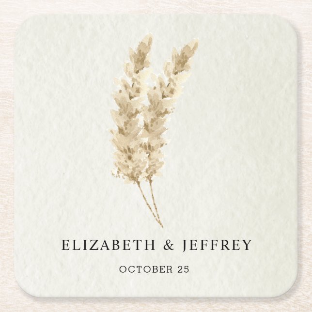 Rustic Neutral Earthy Boho Pampas Grass Wedding   Square Paper Coaster (Front)