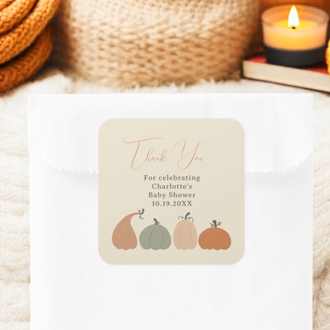 Rustic Neutral Fall Pumpkin Baby Shower Thank You Square Sticker (Rustic Neutral Fall Pumpkin Baby Shower Thank You Square Sticker)