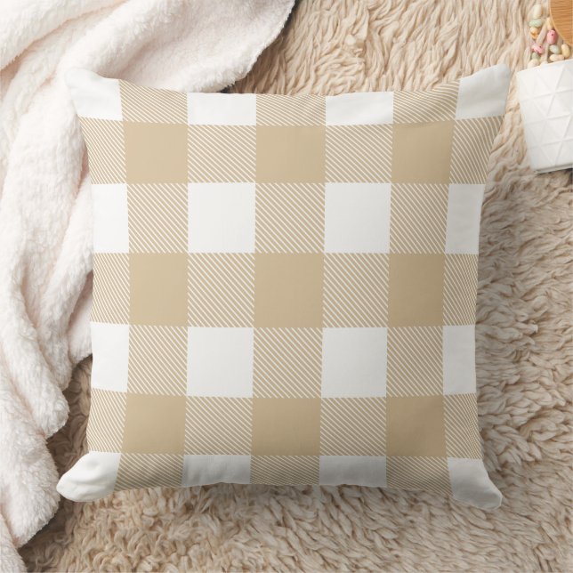 Rustic Neutral Tan Buffalo Plaid Farmhouse Throw Pillow (Blanket)