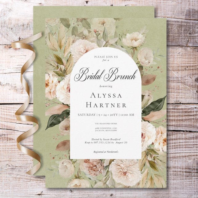 Rustic Neutral Tan Green Floral Arch Bridal Brunch Invitation (Rustic Neutral Tan Cream Green Arch Bridal Brunch Invitation)