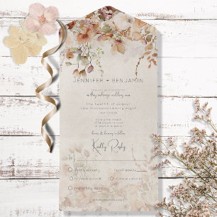 Rustic Neutral Tan Pink & Peach Floral Dinner All In One Invitation