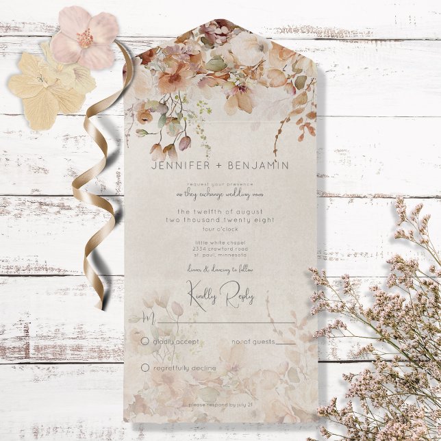 Rustic Neutral Tan Pink & Peach Floral No Dinner All In One Invitation (Creator Uploaded)