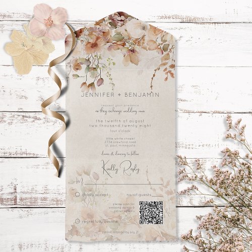 Rustic Neutral Tan Pink  Peach Floral QR Code All In One Invitation