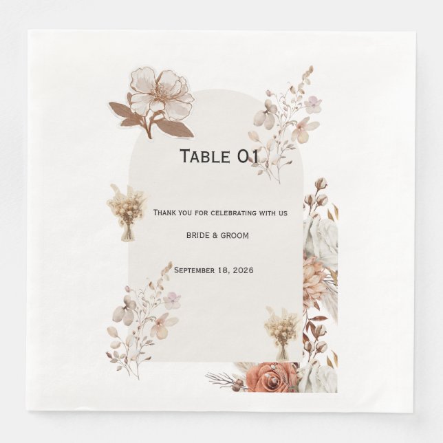 Rustic Neutral Wedding Table Numbers Paper Dinner Napkins (Front)