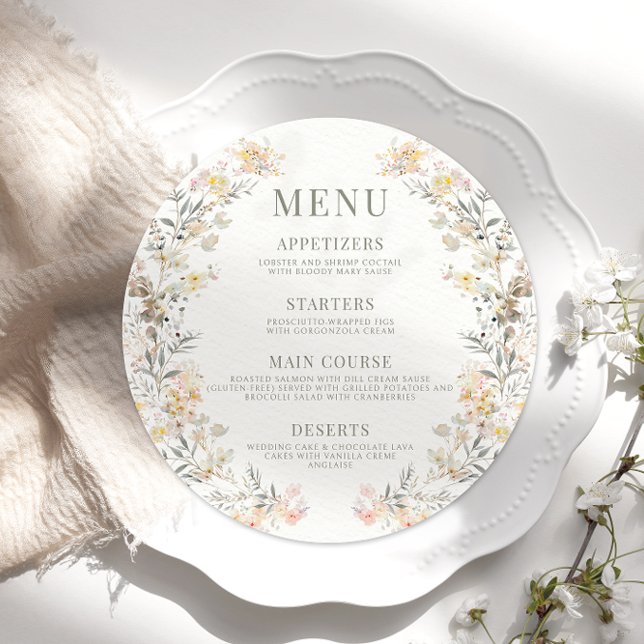 Rustic Neutral Wildflower Wedding Round Flat Menu (Creator Uploaded)