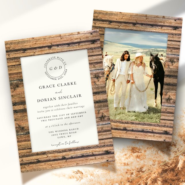 Rustic Neutral Wood Frame Ivory Boho Photo Wedding Invitation (Creator Uploaded)