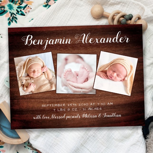 Rustic New Baby 3 Photo Birth Announcement Thank Y Postcard (Creator Uploaded)