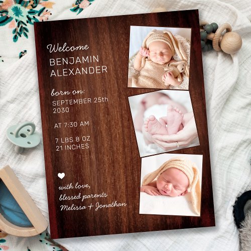 Rustic New Baby 3 Photo Birth Announcement Thank Y Postcard