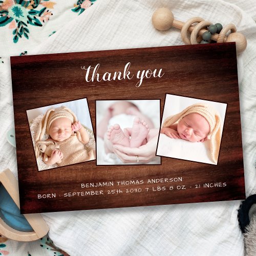 Rustic New Baby 3 Photo County Wood Baby Shower Thank You Card