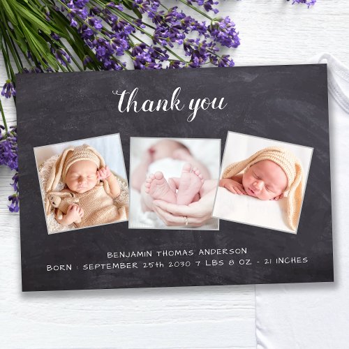 Rustic New Baby Chalkboard 3 Photo Baby Shower Thank You Card