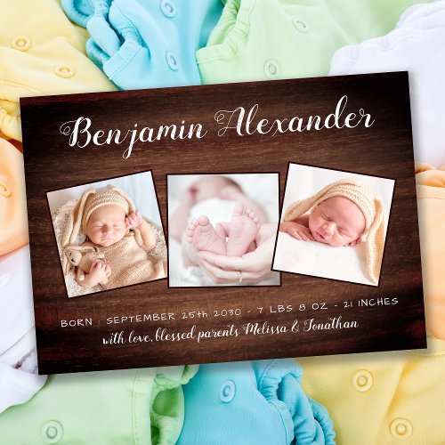 Rustic New Baby Country Wood 3 Photo Birth Announcement