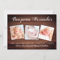 Rustic New Baby Country Wood 3 Photo Birth Announcement