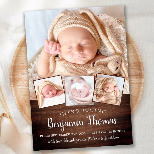 Rustic New Baby Personalized 4 Photo Collage Birth Announcement (Creator Uploaded)