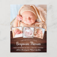 Rustic New Baby Personalized 4 Photo Collage Birth Announcement Postcard