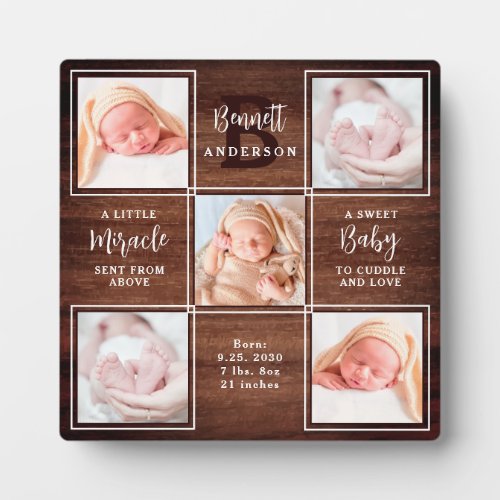 Rustic New Baby Personalized 5 Photo Collage      Plaque