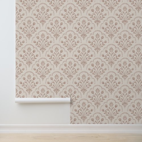 Rustic New Farmhouse Terracotta Floral Scallop Wallpaper