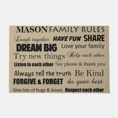 Rustic New Home Family Rules Personalized Doormat