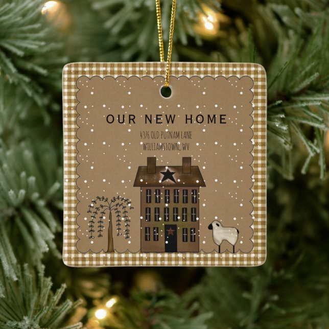 RUSTIC NEW HOME SALTBOX HOUSE PERSONALIZED CERAMIC ORNAMENT (Tree)