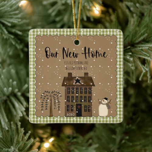 RUSTIC NEW HOME SALTBOX HOUSE PERSONALIZED COUNTRY CERAMIC ORNAMENT