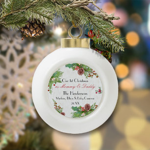 Rustic New Mom and Dad 1st Christmas Milestone Ceramic Ball Christmas Ornament