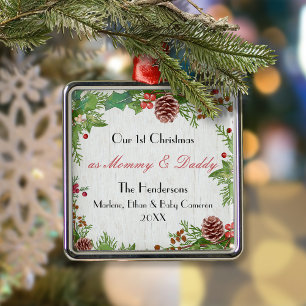 Rustic New Mom & Dad 1st Christmas Milestone Metal Ornament