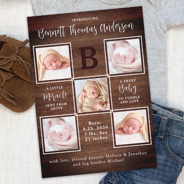 Rustic Newborn Baby Personalized 5 Photo Birth Announcement (Creator Uploaded)