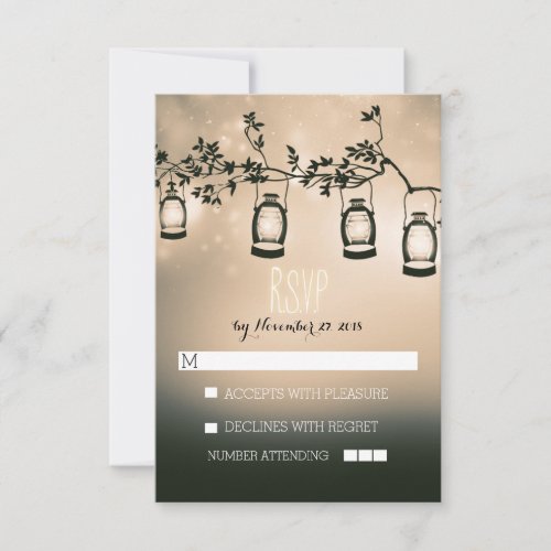 rustic night lights - lanterns wedding RSVP cards - Brown rustic country wedding reply cards with garden lights - oil lanterns hanging on the branches of the old tree. Perfect wedding set reply cards for summer, spring, fall or winter wedding. Creative and modern design for outdoor wedding themes. PLEASE NOTE that word RSVP is picture - you can delete it, move it or make it bigger / smaller after you push customize it button. ------------------