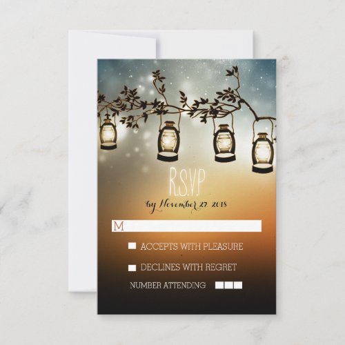 rustic night lights - lanterns wedding RSVP cards - Beautiful rustic country wedding reply cards with garden lights - oil lanterns hanging on the branches of the old tree. Perfect wedding set reply cards for summer, spring, fall or winter wedding. Creative and modern design for outdoor wedding themes. PLEASE NOTE that word RSVP is picture - you can delete it, move it or make it bigger / smaller after you push customize it button. ------------------