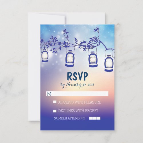 rustic night lights - lanterns wedding RSVP cards - Beautiful rustic country wedding reply cards with garden lights - oil lanterns hanging on the branches of the old tree. Perfect blue wedding set reply cards for summer, spring, fall or winter wedding. Creative and modern design for outdoor wedding themes.
