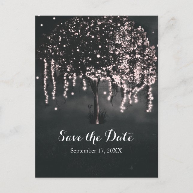Rustic Night Mossy Tree Lights Save the Date Announcement Postcard (Front)