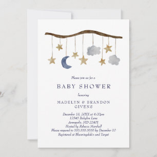 Rustic Night Sky Moon and Stars Mobile Baby Shower Invitation