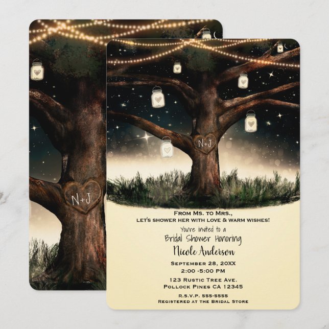 Rustic Night Tree Lights Mason Jars Bridal Shower Invitation (Front/Back)
