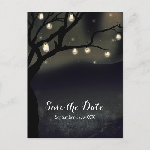 Rustic Night Tree  Mason Jar Lights Save the Date Announcement Postcard