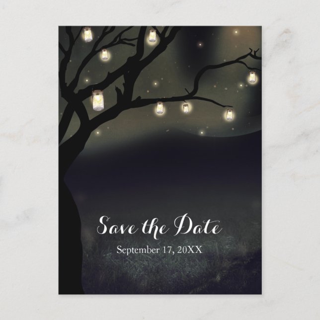 Rustic Night Tree & Mason Jar Lights Save the Date Announcement Postcard (Front)
