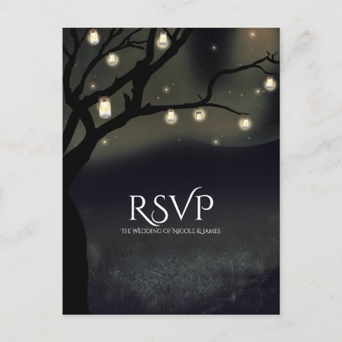 Rustic Night Tree  Mason Jar Lights Wedding RSVP Invitation Postcard