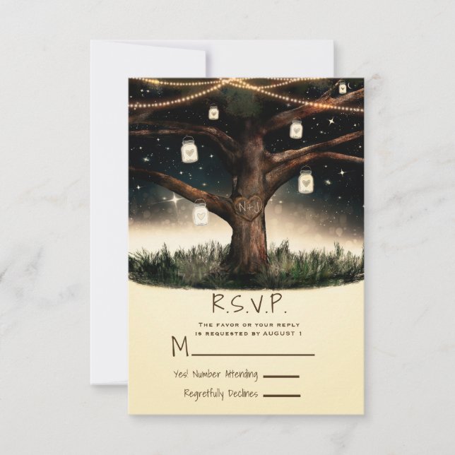 Rustic Night Tree with Lights & Jars Wedding RSVP (Front)