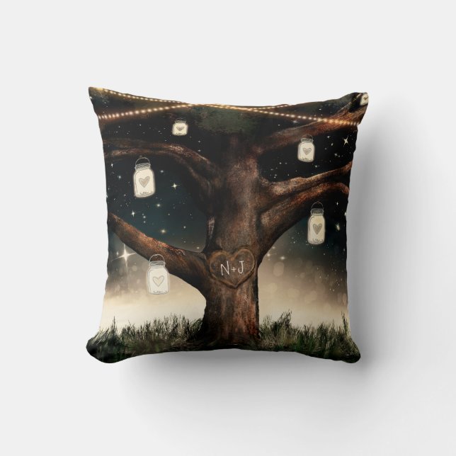Rustic Night Tree with Lights & Mason Jars Throw Pillow (Front)
