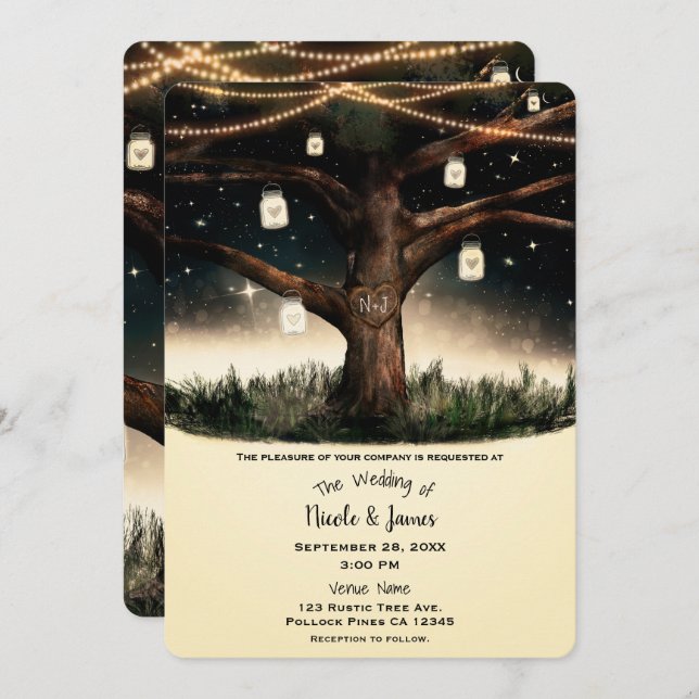 Rustic Night Tree with Lights & Mason Jars Wedding Invitation (Front/Back)