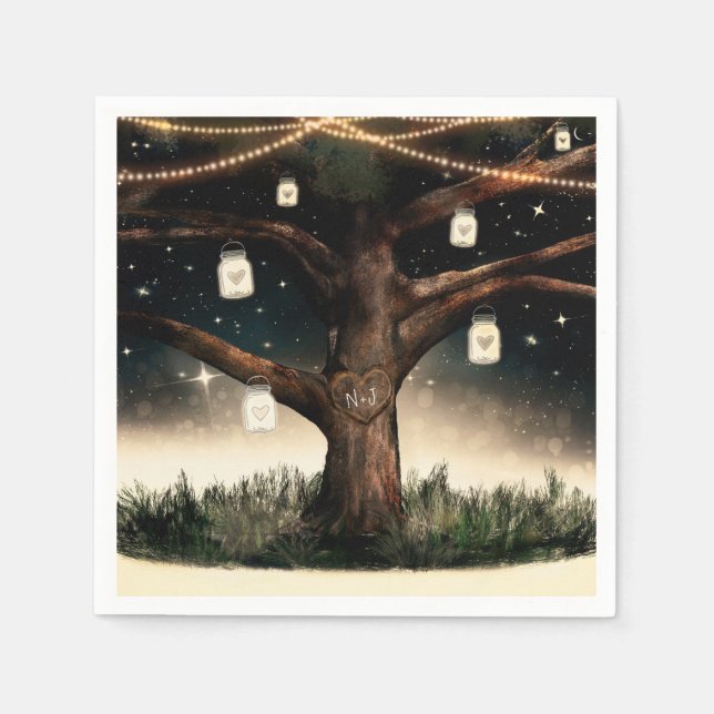 Rustic Night Tree with Lights & Mason Jars Wedding Napkins (Front)