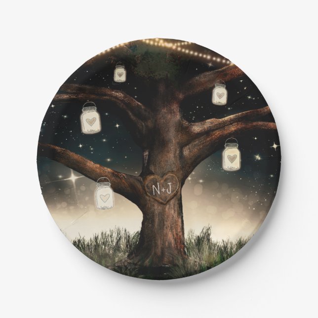 Rustic Night Tree with Lights & Mason Jars Wedding Paper Plates (Front)