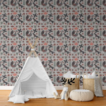 Rustic Nordic Floral Bird and Fox Pattern Wallpaper
