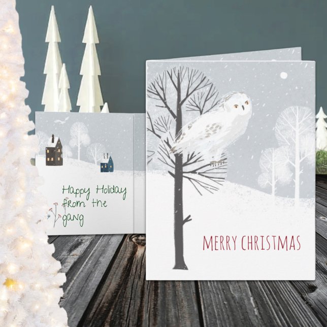 Rustic Nordic Great White Snowy Owl Holiday Card (Rustic Nordic Great White Snowy Owl Wraparound Graphics Folded Christmas Holiday Card)
