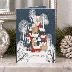 Rustic Nordic Houses Mountain Ski Village Holiday Card