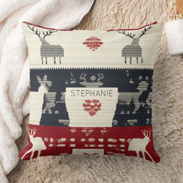 Rustic Nordic Reindeer & Snowflake | Knit Pattern Throw Pillow (Blanket)