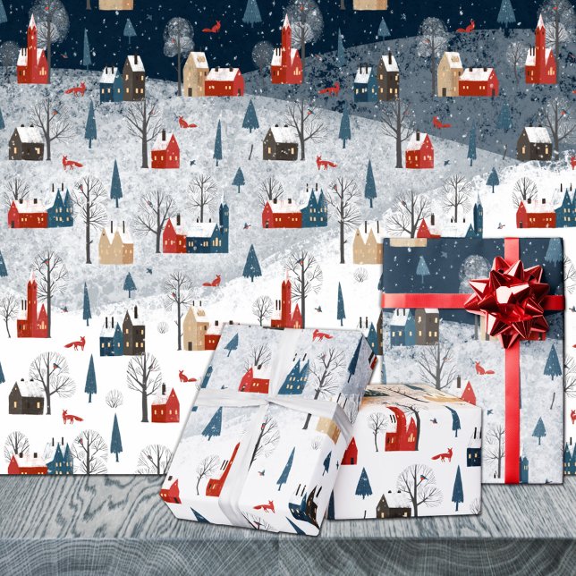 Rustic Nordic Winter Mountain Village Red Fox  Wrapping Paper (Rustic Nordic Winter Mountain Village Red Fox Christmas Holiday Gift Wrapping Paper Rolls)