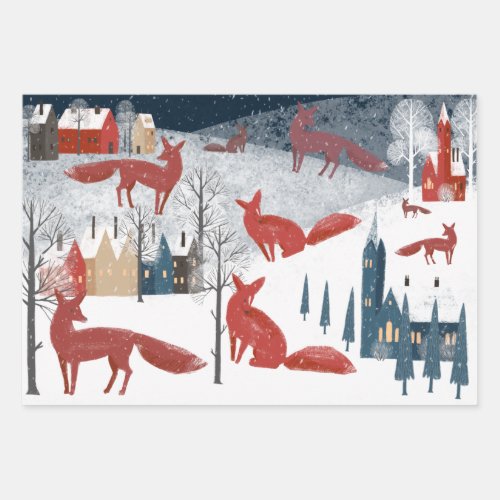 Rustic Nordic Winter Red Fox Snow Mountain Village Wrapping Paper Sheets