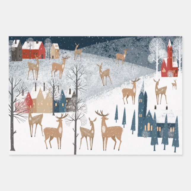 Rustic Nordic Winter Reindeer Mountain Village Wrapping Paper Sheets (Front)