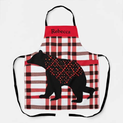 Rustic Northwoods Black Bear Silhouette On Plaid Apron