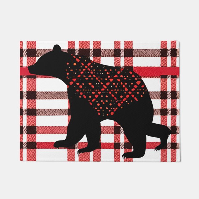 Rustic Northwoods Black Bear Silhouette On Plaid Doormat (Front)