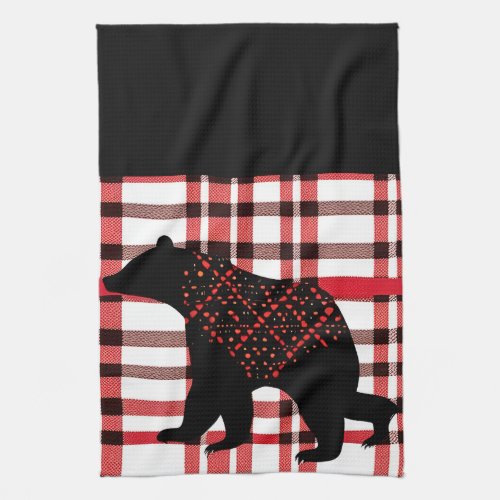 Rustic Northwoods Black Bear Silhouette On Plaid Kitchen Towel